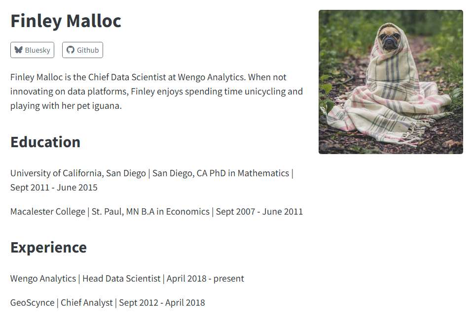 Screenshot of an About page using the solana template. It has the author name, links, and body on the left and a rectangular headshot on the right.
